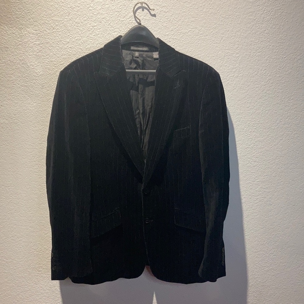ZARAMAN Men’s black pinstripe velvet black blazer